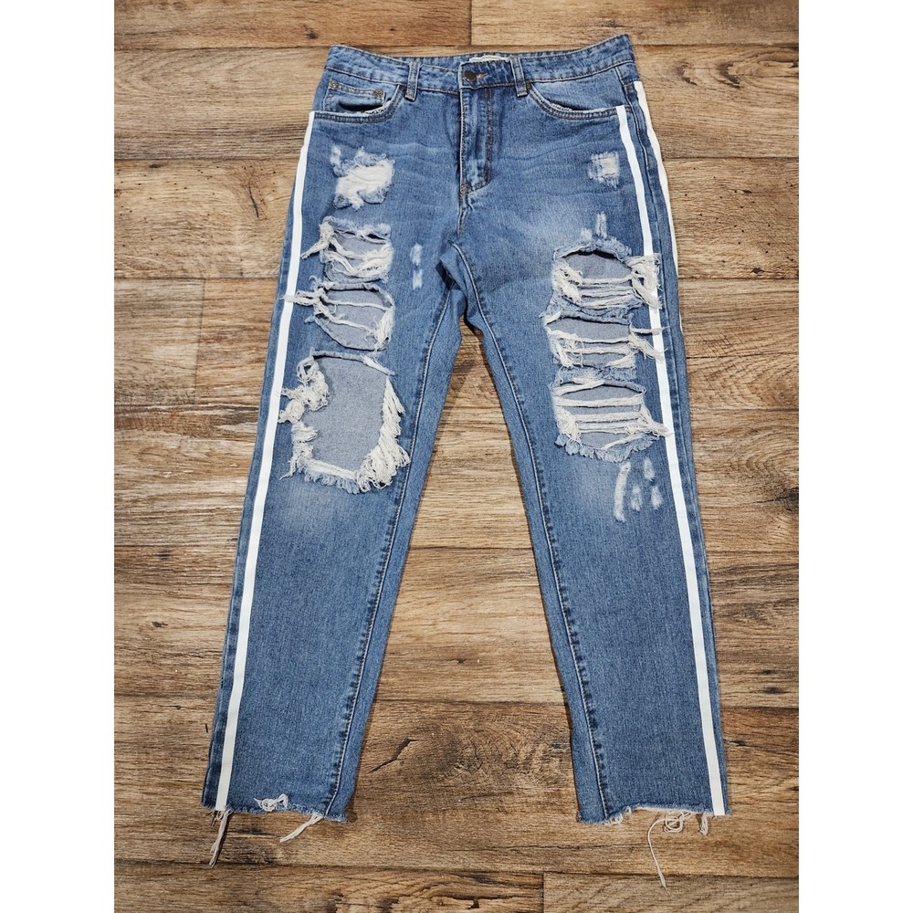 American Bazi Womens Ripped Distressed Side Stripe Jeans Size M Medium 30 x 28